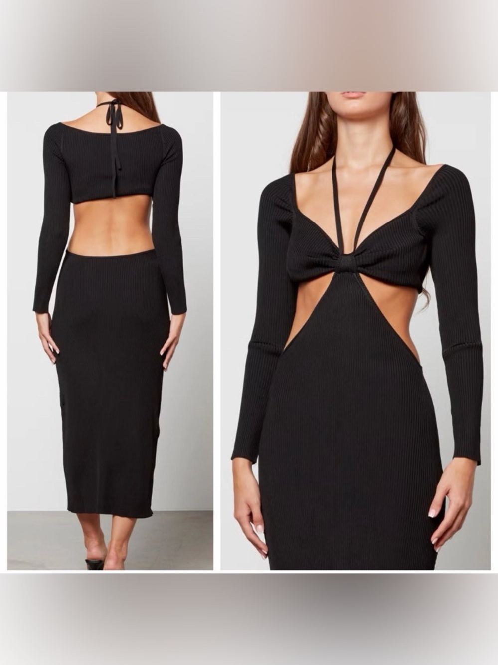 Cult Gaia Enzo Ribbed Knit Maxi Dress cut out halter long sleeve black XS